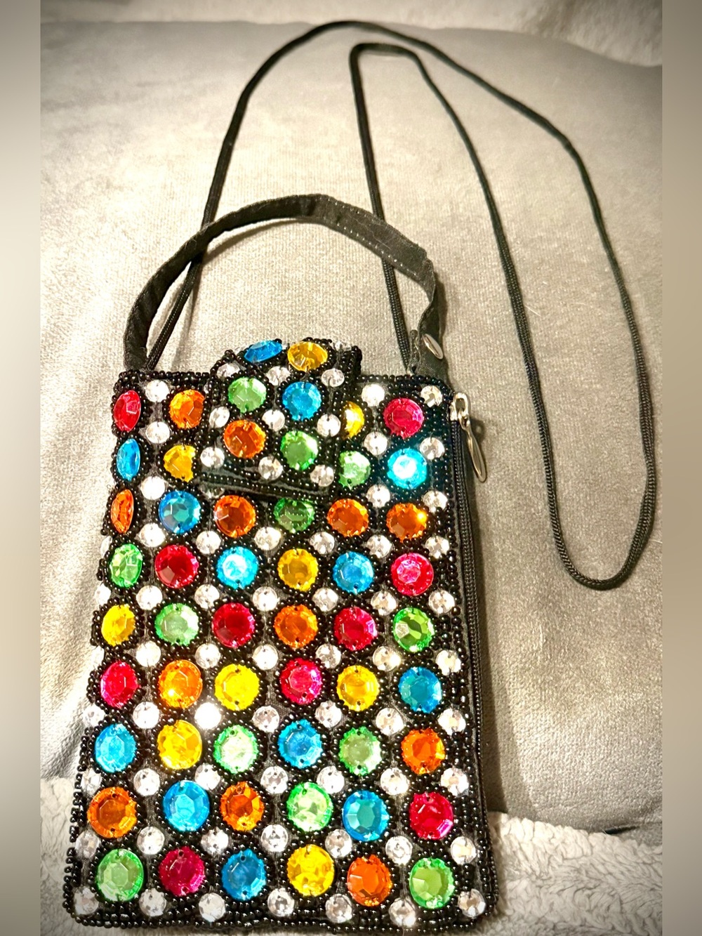 Bamboo Trading Company Jeweled Multicolor Crossbody Phone Bag with Black Strap